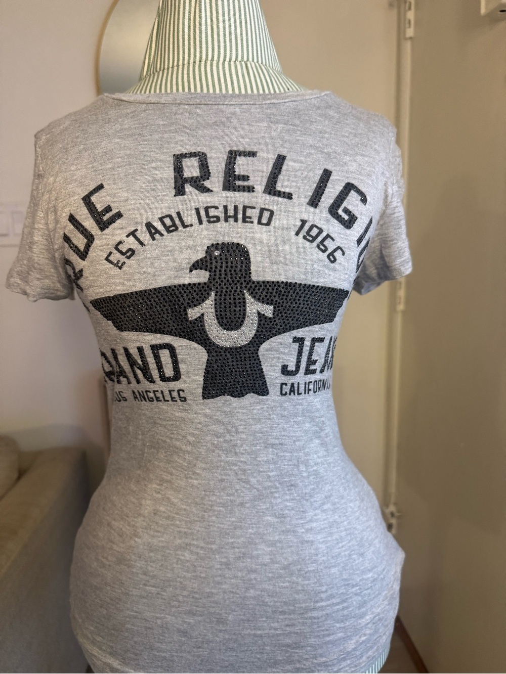 True Religion Gray Rhinestone Graphic Logo Tee Y2K